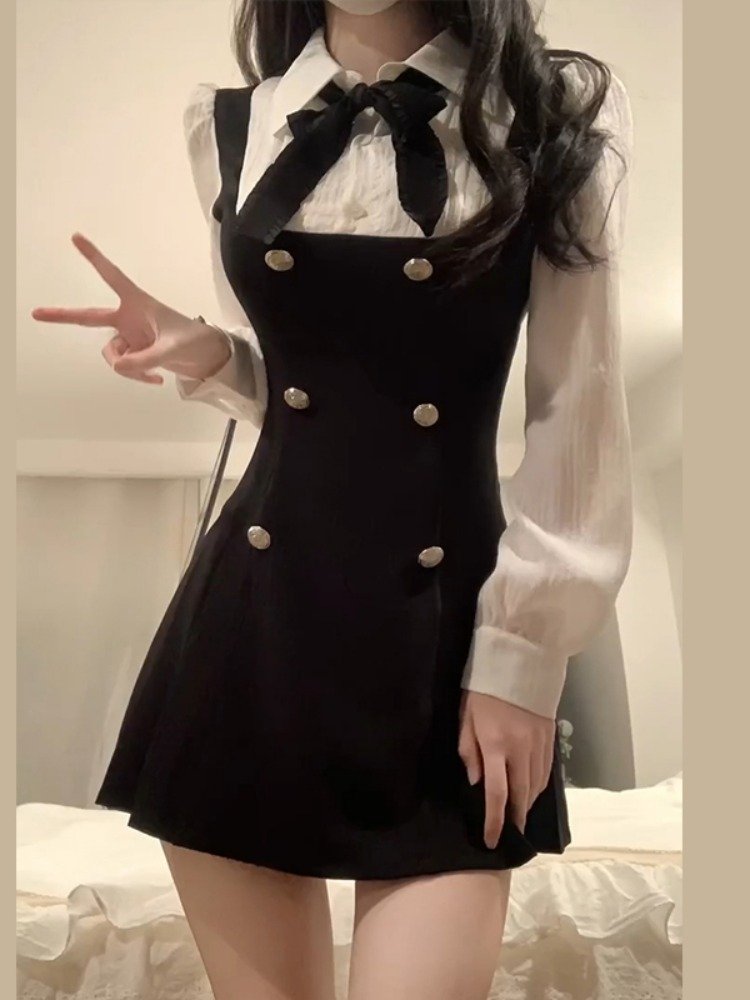 法式气质富家千金风假两件连衣裙女