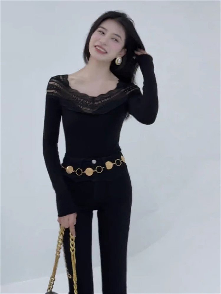 高级感内搭黑色大领口蕾丝长袖t恤女春秋小