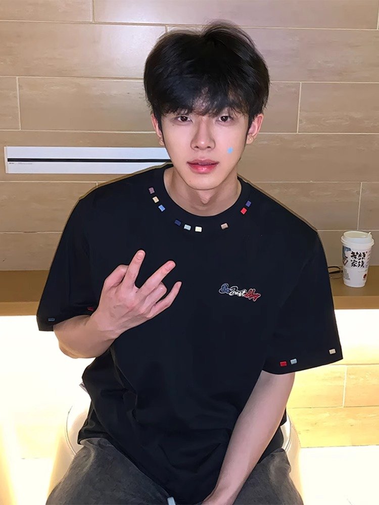 美式撞色彩虹刺绣短袖男款夏季少年感穿搭纯