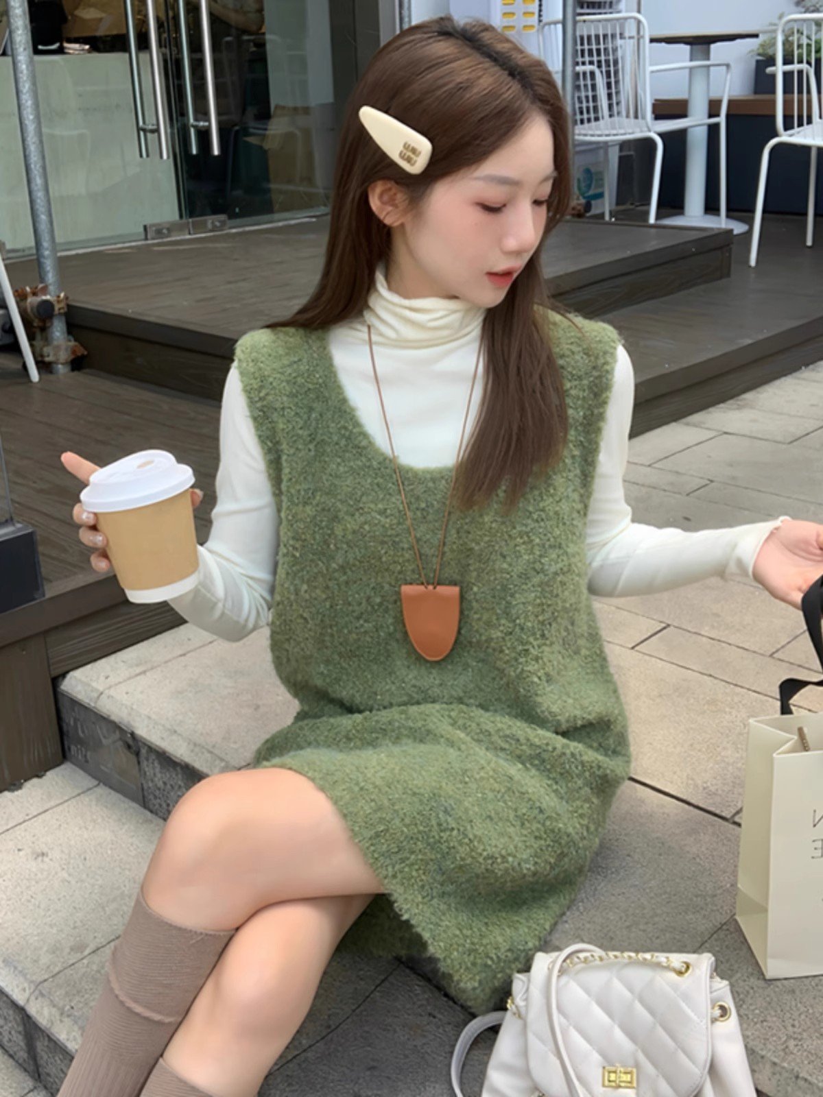 绿色针织背心吊带连衣裙女冬季miu系千金