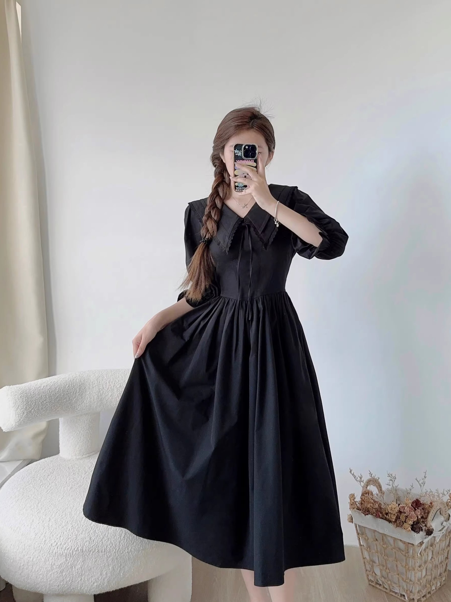 黑色v领衬衫连衣裙太掐腰显瘦了吧