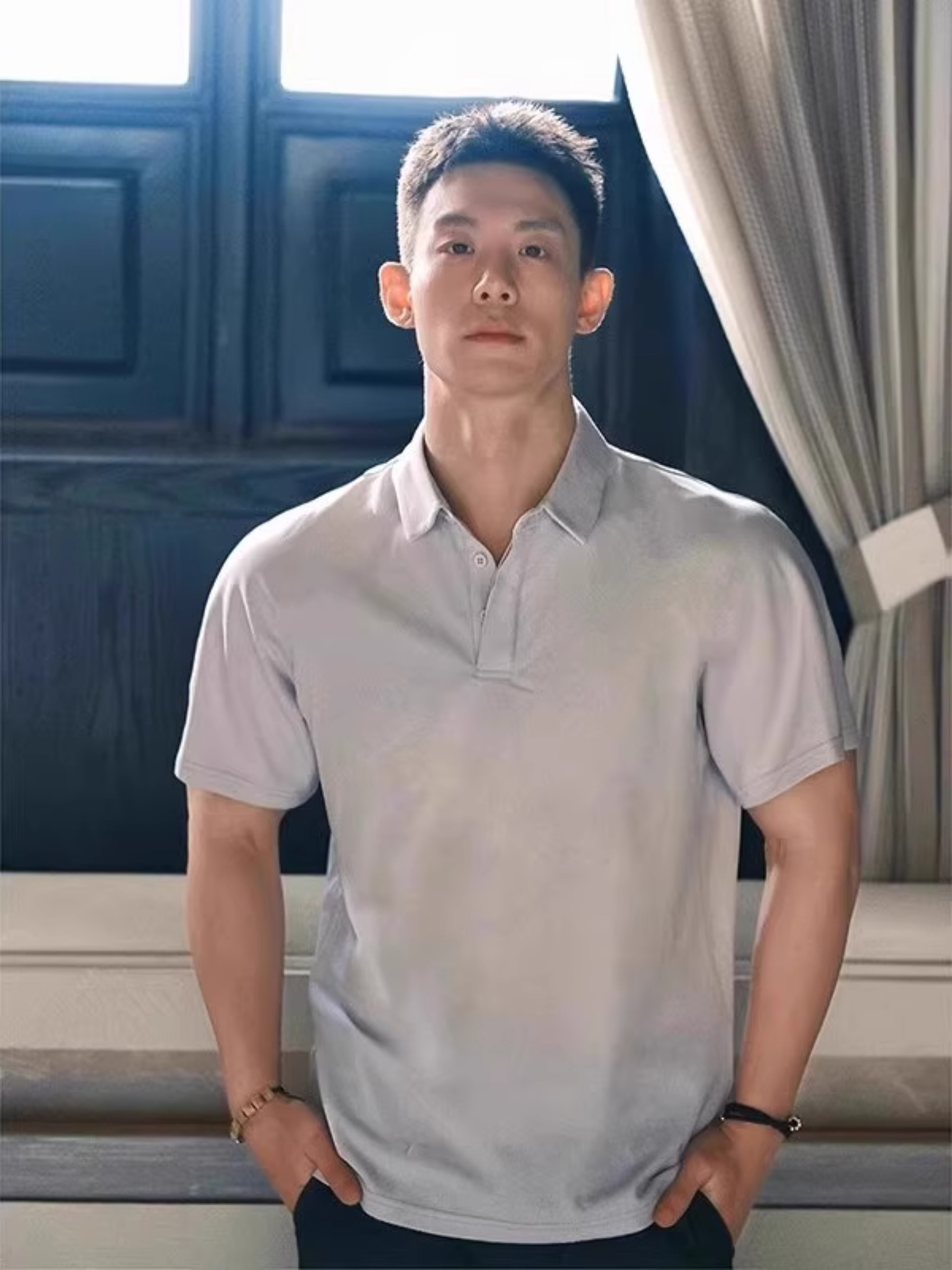 花灰色珠地棉POLO衫男夏季成熟稳重男装