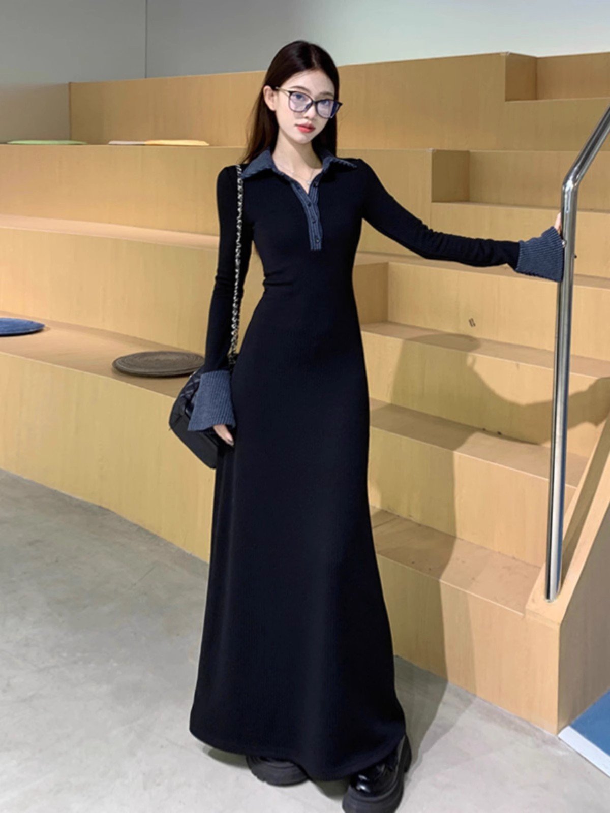 法式黑色polo领针织连衣裙女冬季高级感