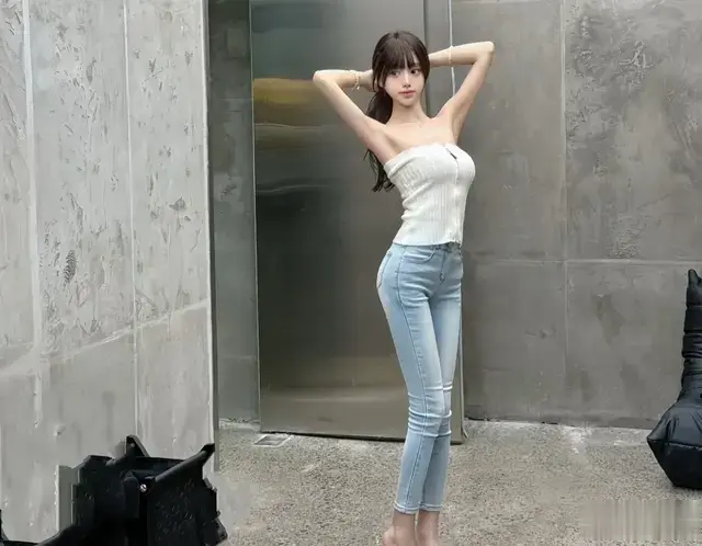 紧身牛仔裤搭配抹胸高跟鞋好绝。