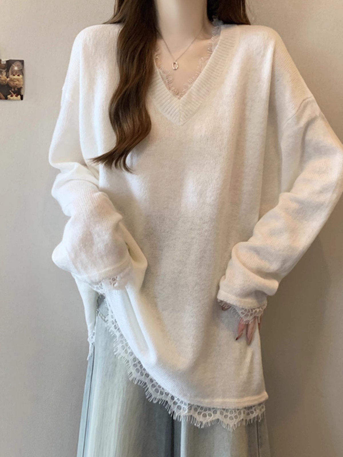 白色蕾丝欧货长袖内搭打底衫女冬季中长款