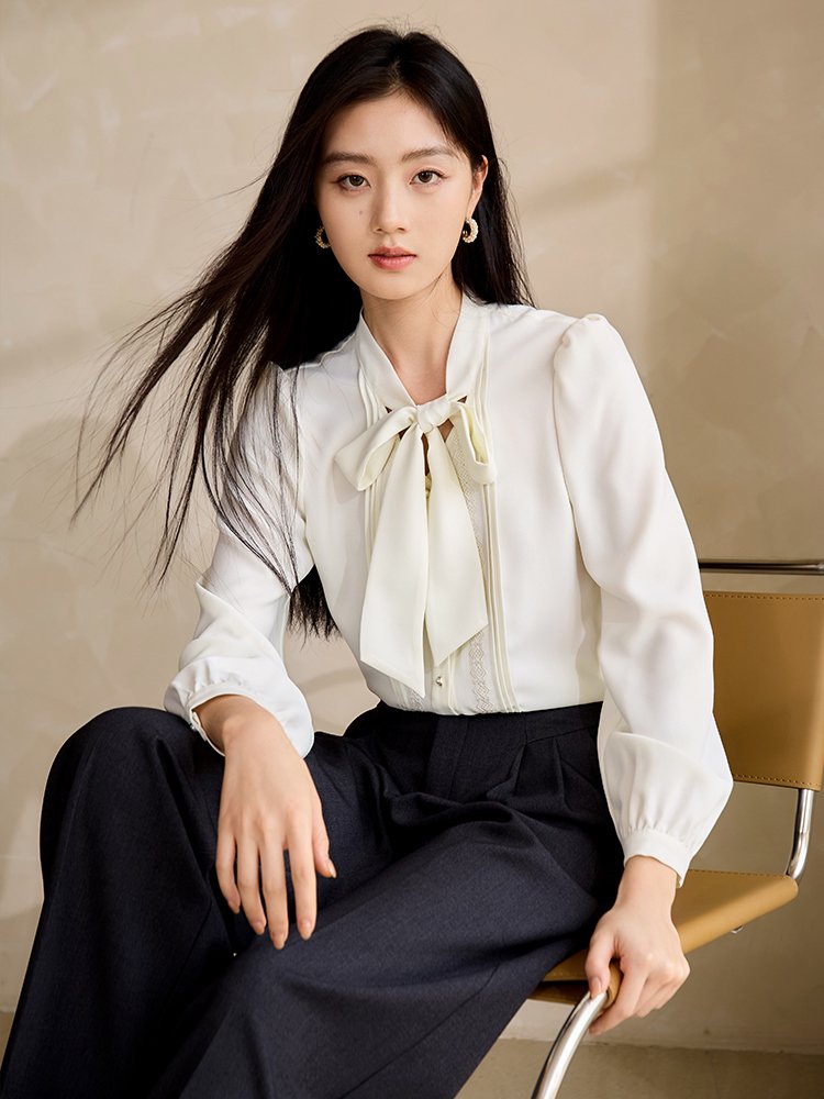 香影蝴蝶结系带白色衬衫女长袖