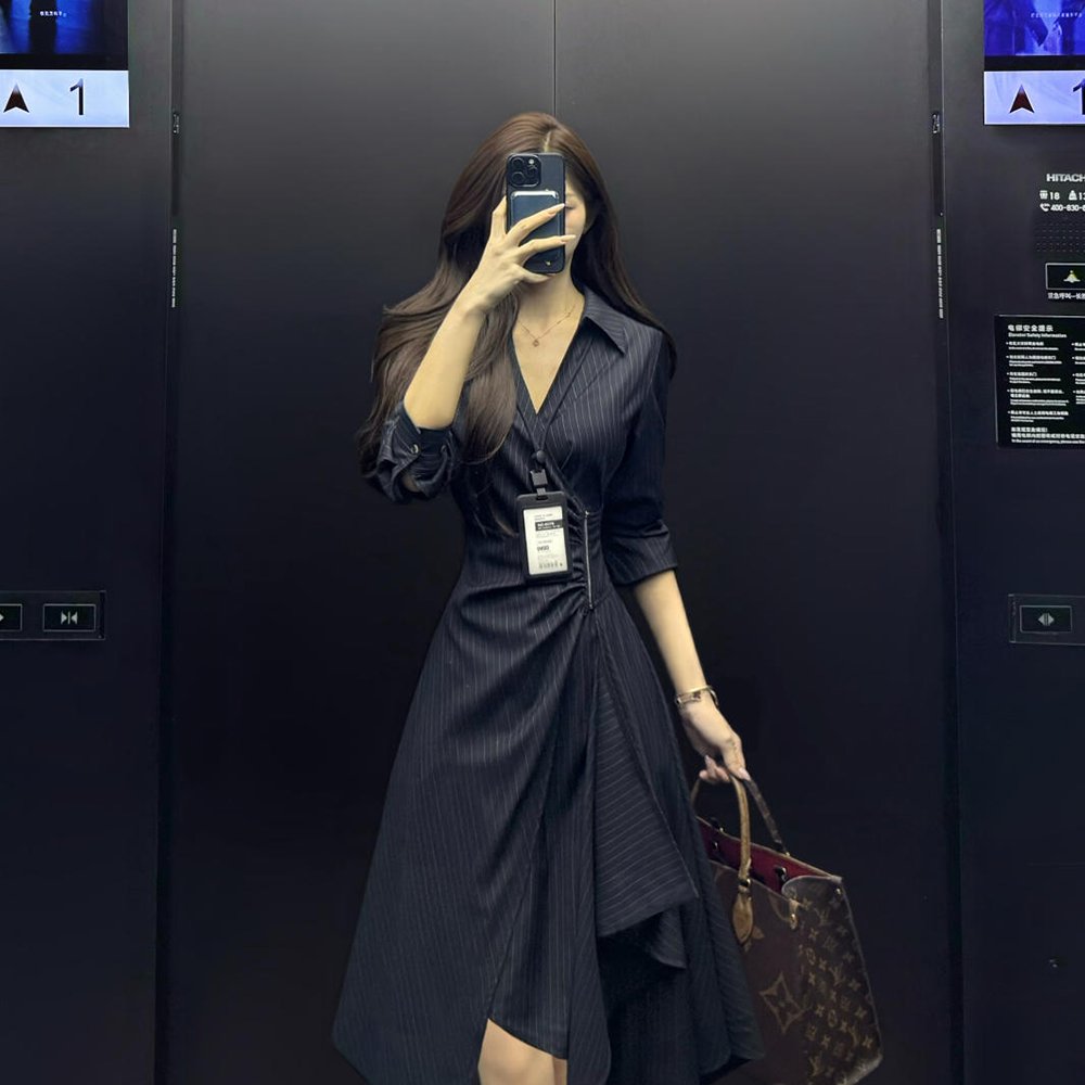 春季法式蓝色不规则条纹连衣裙韩系收腰裙子
