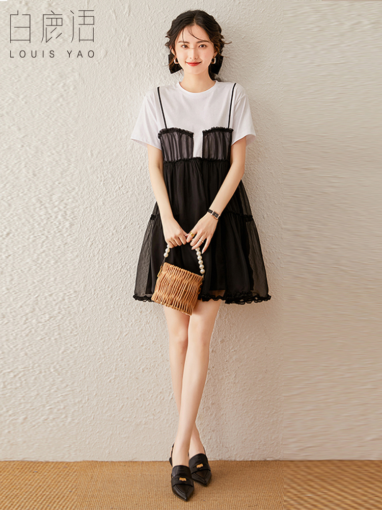 白鹿语浪漫甜美假两件小黑裙夏季款撞色拼接圆领短袖连衣裙