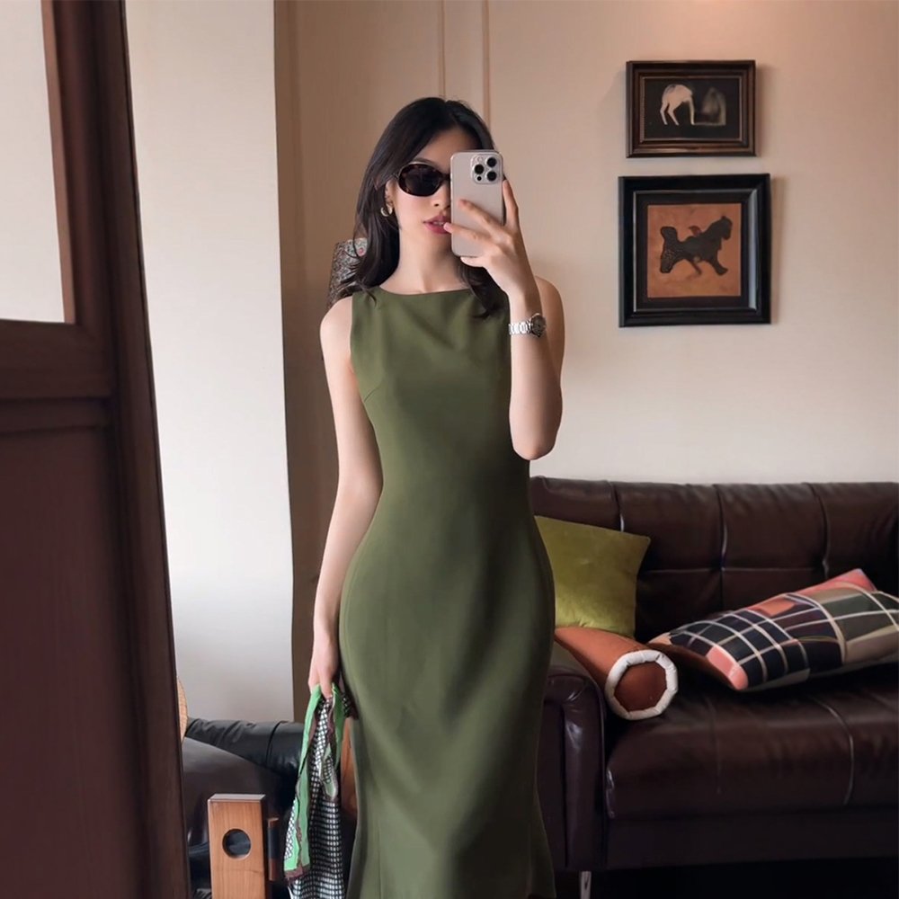 春季超好看法式绿色无袖连衣裙海边度假裙子