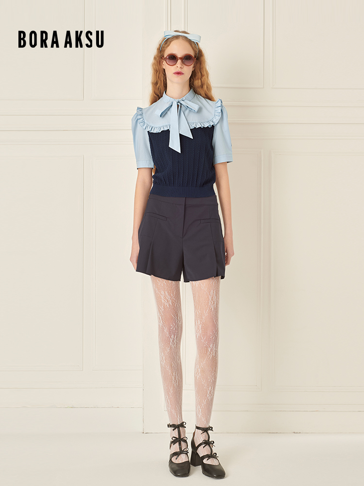 甜美蝴蝶系带泡泡袖假两件上衣