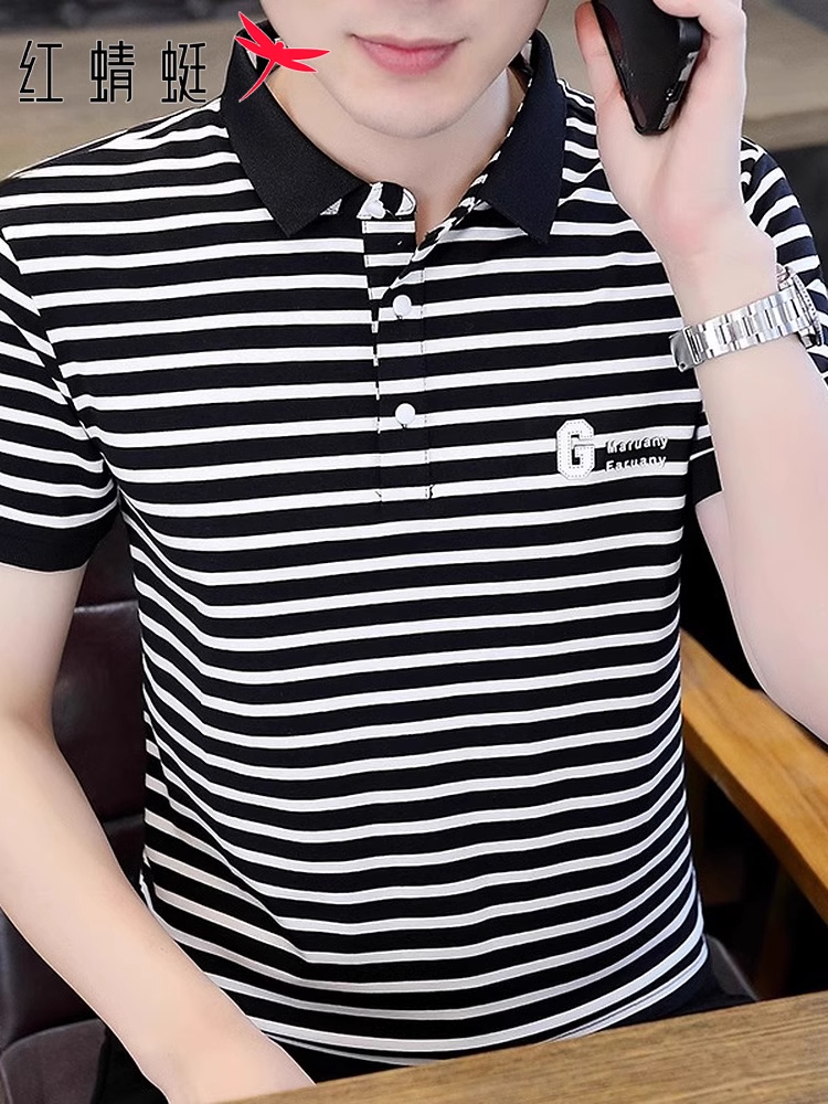 红蜻蜓休闲Polo衫男士夏季条纹短袖t恤