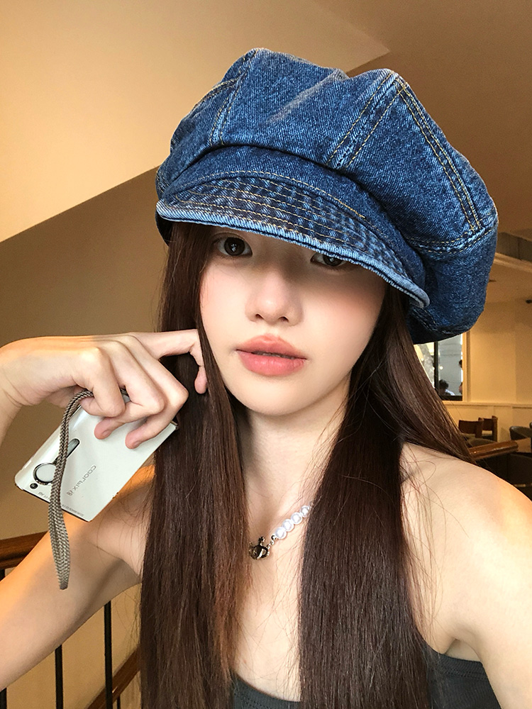 春夏新款简约文艺风复古牛仔云朵贝雷帽！