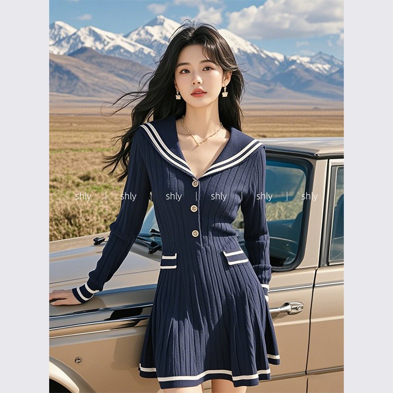 富家千金高级感穿搭藏青色海军领针织连衣裙