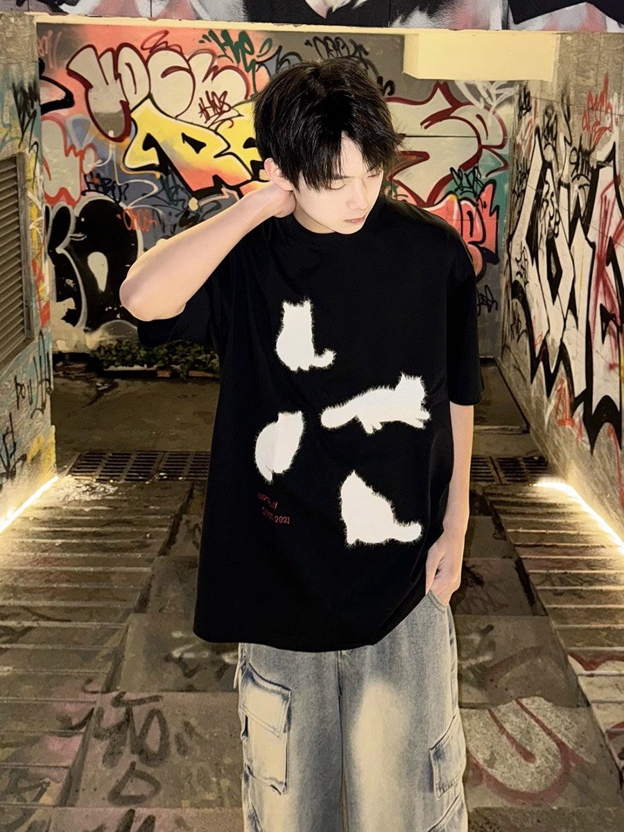 拉毛绣花猫咪短袖男夏季凉感速干小领口t恤