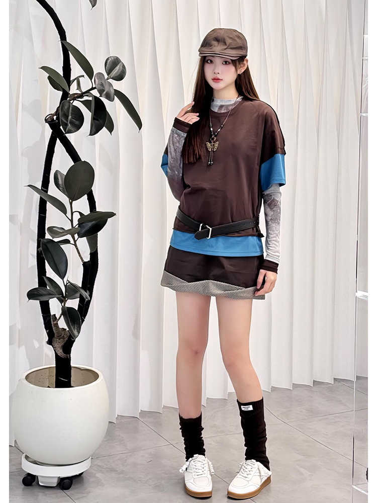 单穿上衣小众不撞款假两件咖色短袖t恤