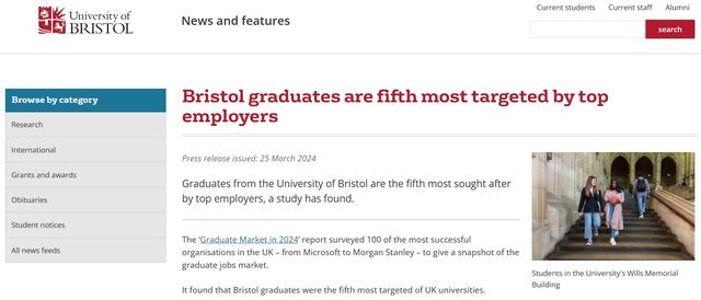 布里斯托大学毕业生在顶级雇主青睐人才中排名第五