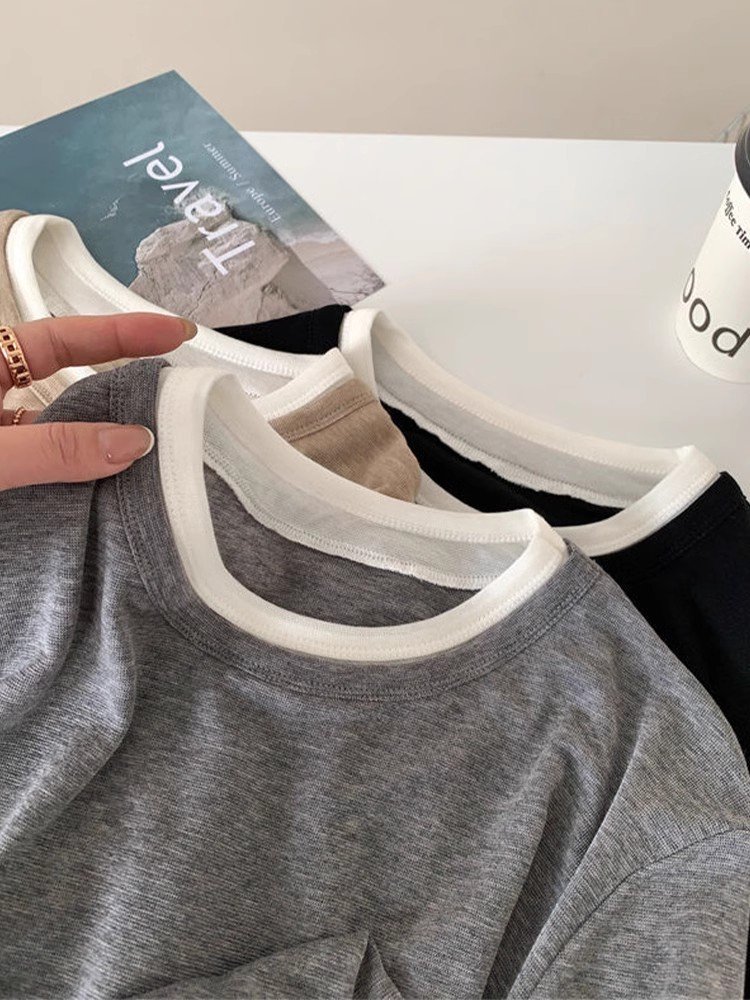 韩系灰色假两件长袖正肩t恤女春秋季高腰短