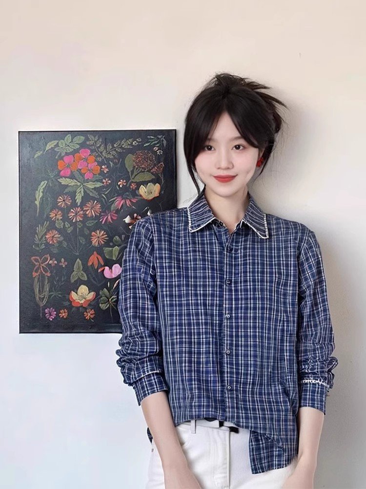 小个子超好看的蓝格娃娃领衬衫女装2025