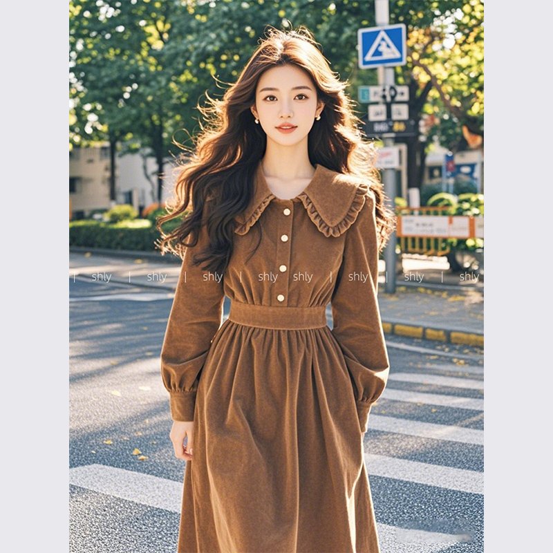 名媛高端小洋装法式棕色灯芯绒连衣裙子