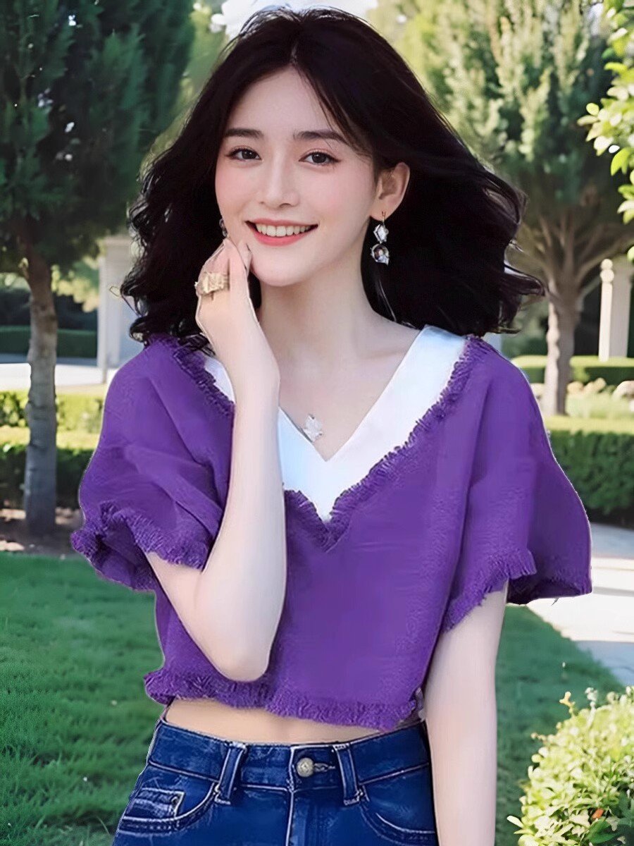 紫色短款宽松上衣