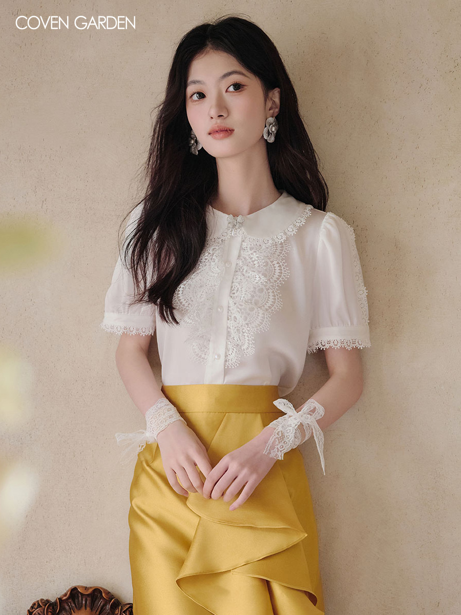 复古泡泡短袖上衣蕾丝娃娃领白衬衫