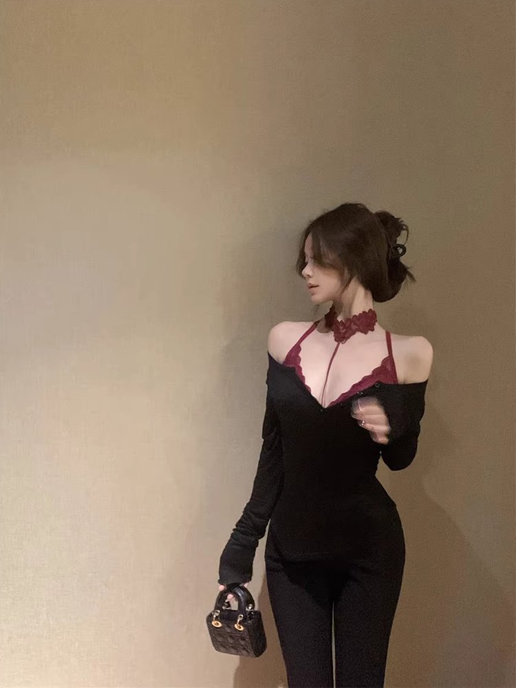 性感红色蕾丝挂脖吊带长袖T恤女春季内搭