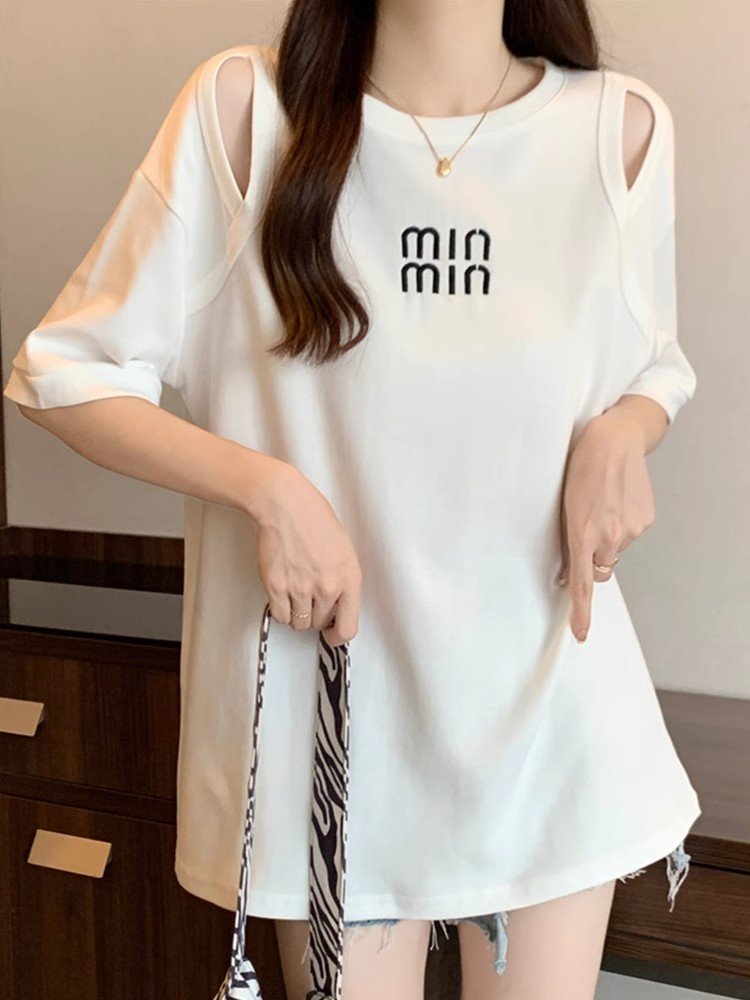 大码白色中长款短袖T恤女夏季款下衣失踪