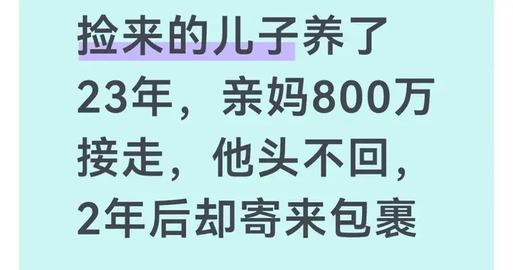 捡来的儿子养了23年，亲妈800万接走，他头不回，2年后却寄来包裹