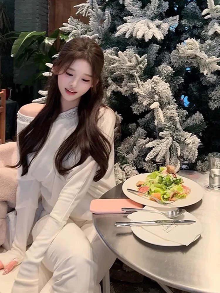 高级感内搭白色斜肩长袖t恤女春秋季宽松打