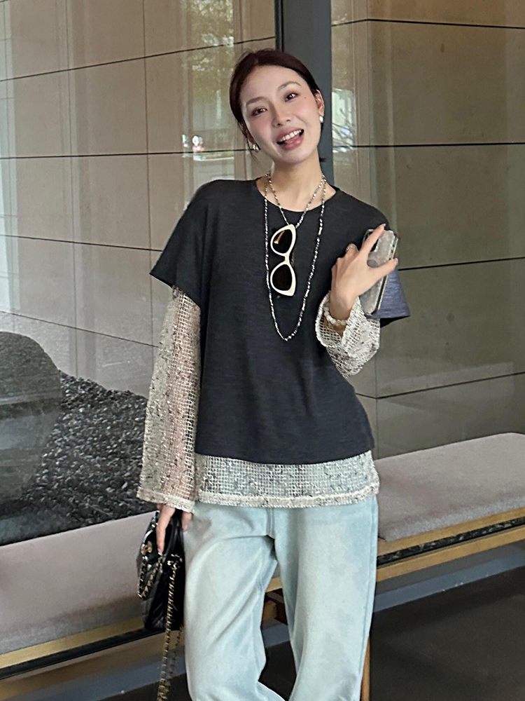 设计感小众宽松慵懒风圆领深灰色假两件t恤