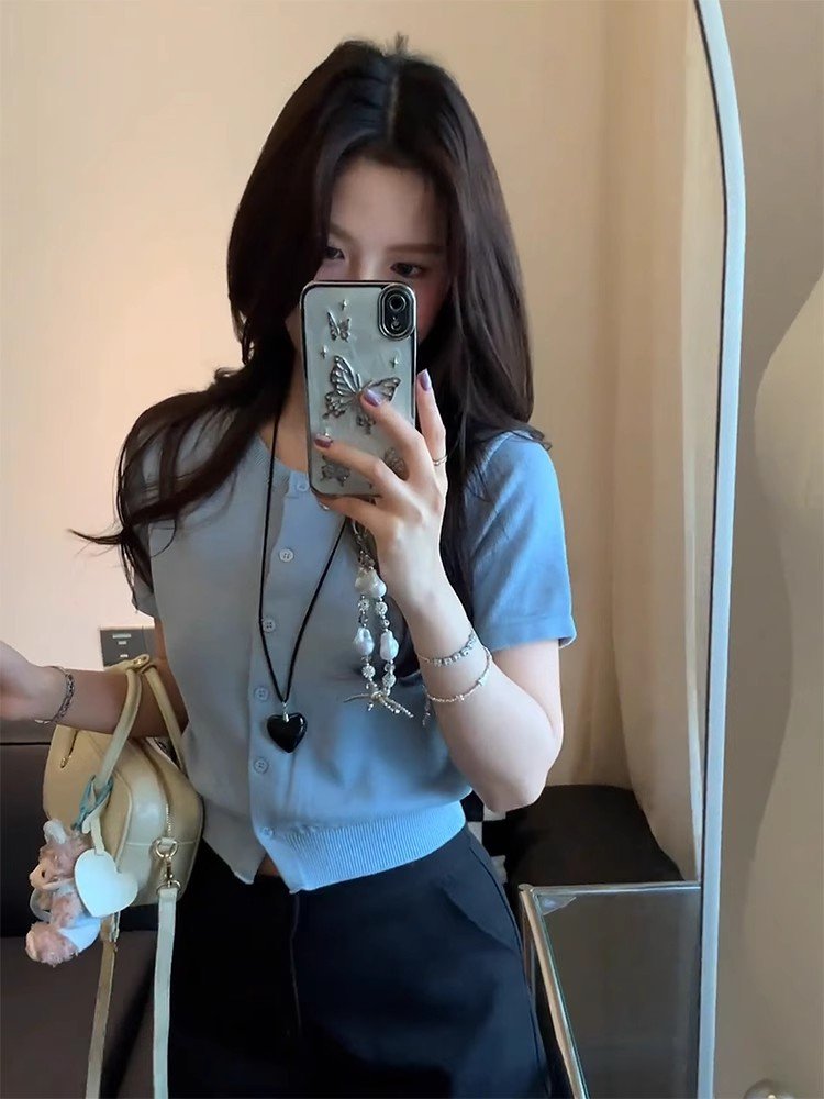 小个子短款高腰针织开衫上衣薄款女夏季蓝色