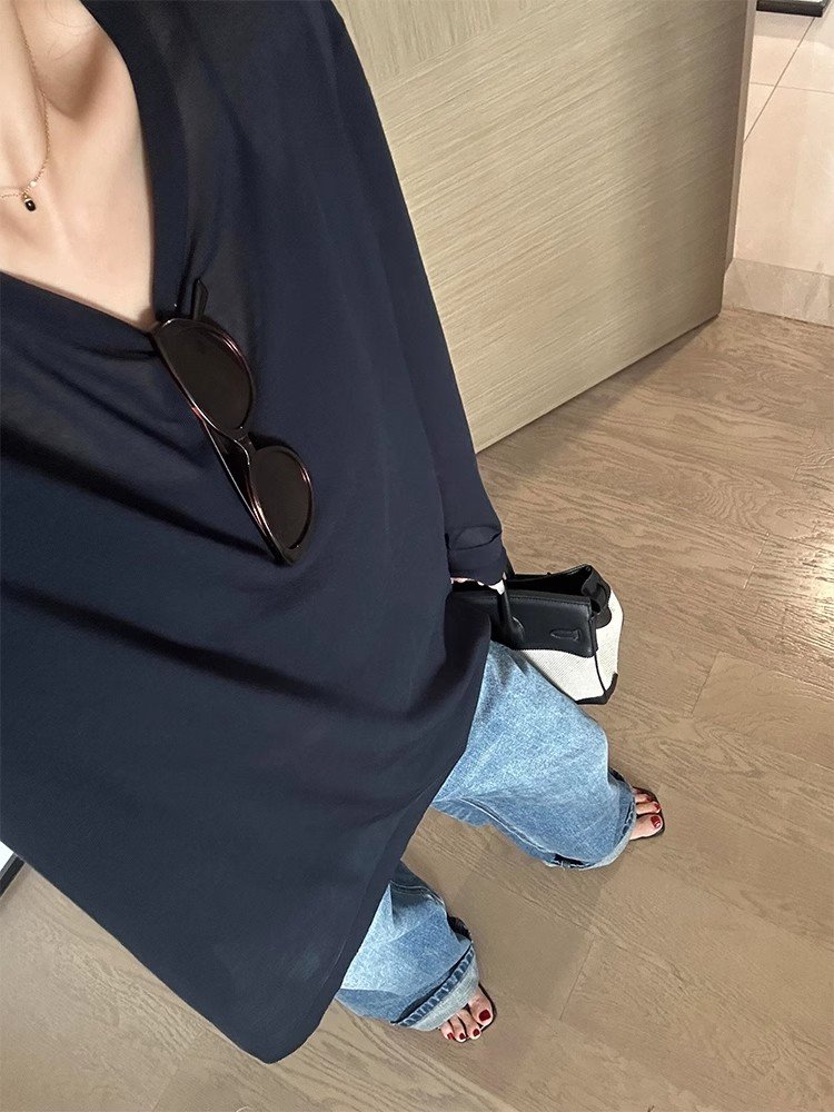 美式复古蓝色长袖正肩t恤女早春单穿独特超