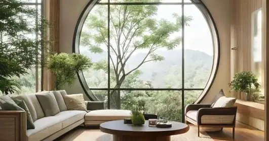 哇，看我婆婆的 新中式客厅这扇大圆窗，直接把风景框成画