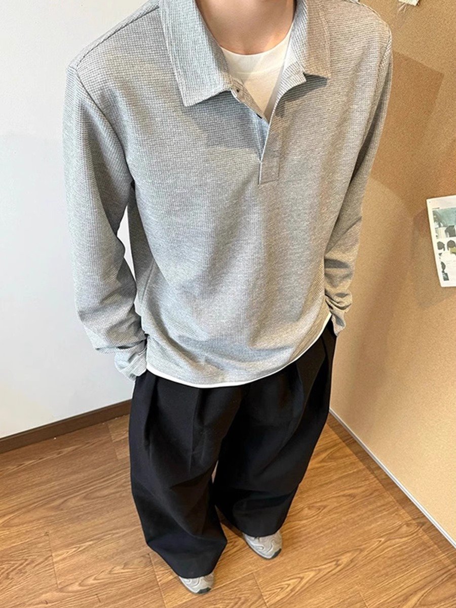 花灰色华夫格亨利领长袖t恤男夏季美式翻领