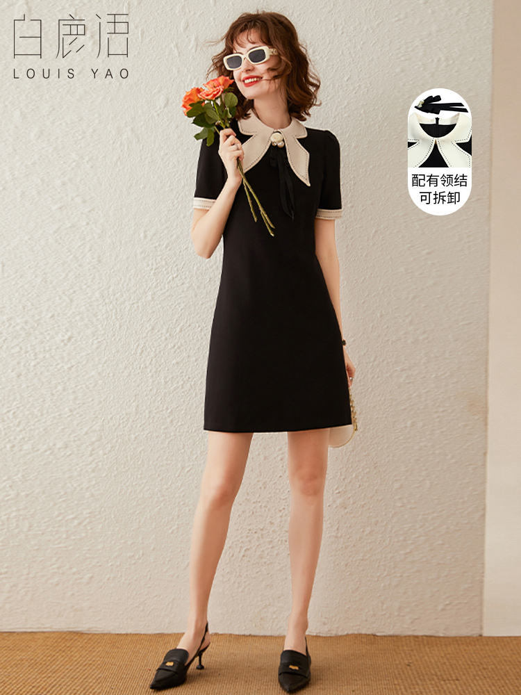 白鹿语法式撞色小立领连衣裙夏季时尚优雅女人味可拆卸领结小黑裙
