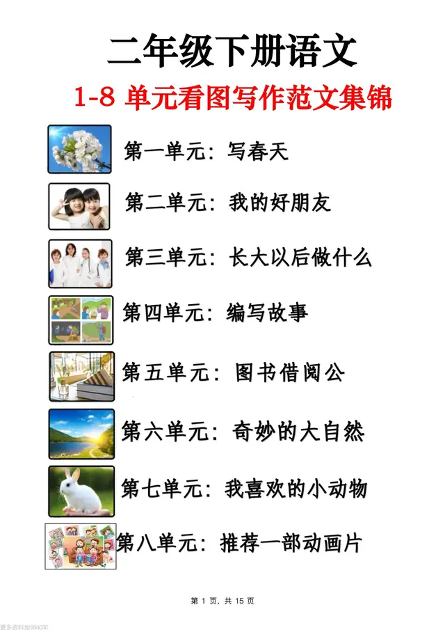【期末必备】二下语文1-8单元看图写话范文集锦
