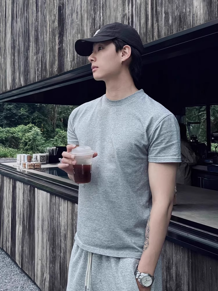 花灰色小领口短袖男款美式纯棉半袖