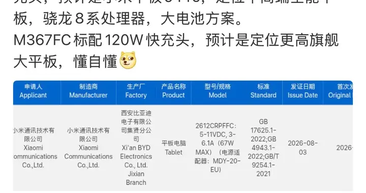 小米两款新平板入网：67W和120W快充，旗舰对决拉开帷幕