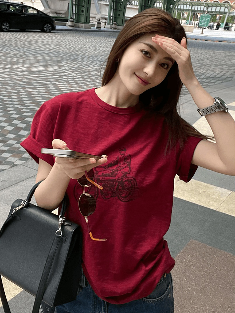 单穿上衣小众不撞款红色印花短袖t恤女夏