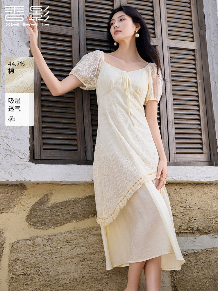 香影波西米亚白色方领连衣裙女