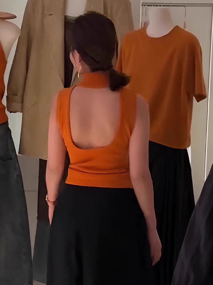 法式橘色挂脖后背镂空小衫针织冰丝t恤女夏
