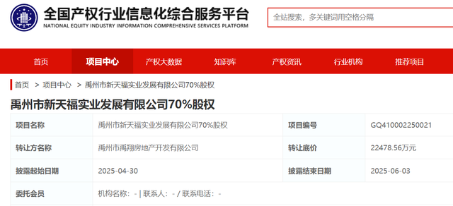 禹翔房地产挂牌转让新天福实业70%股权，底价约2.25亿元