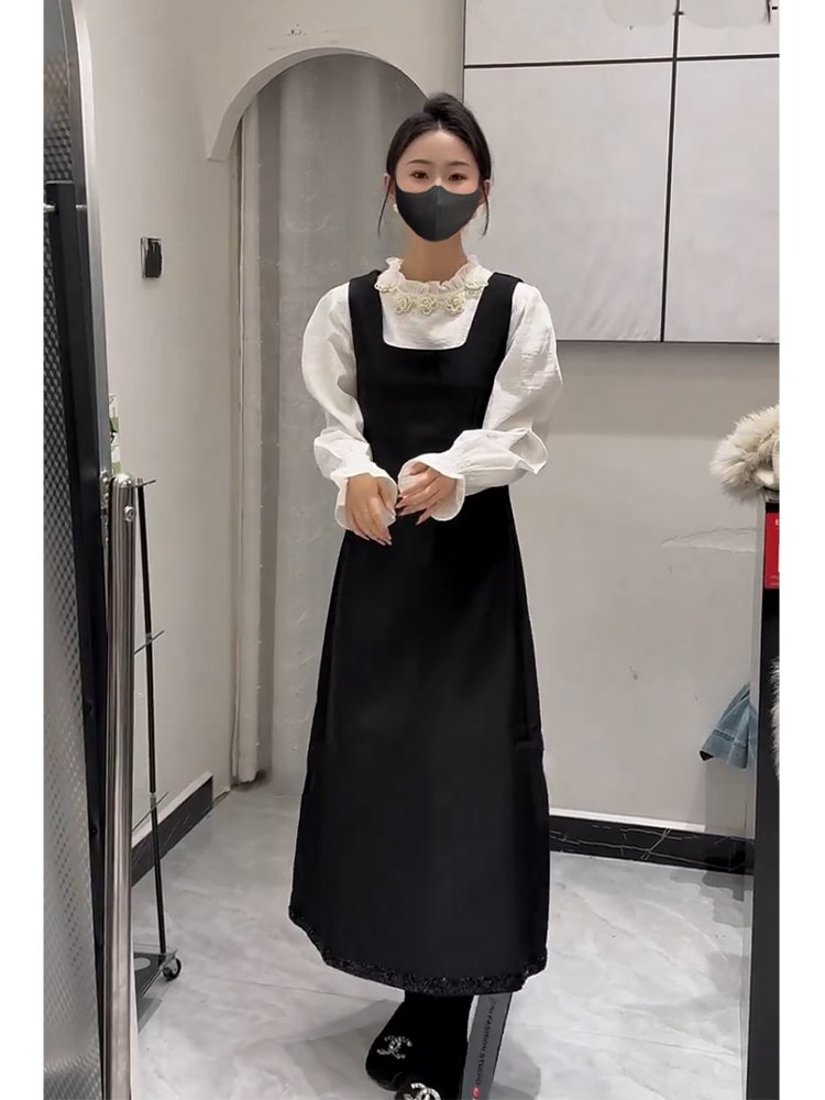 高级感穿搭黑色背心连衣裙子两件套装