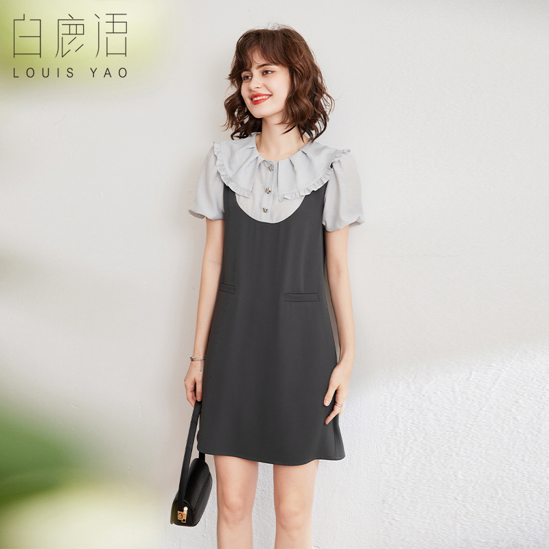 白鹿语木耳边娃娃领裙子24夏季甜美减龄拼接泡泡袖宽松女连衣裙