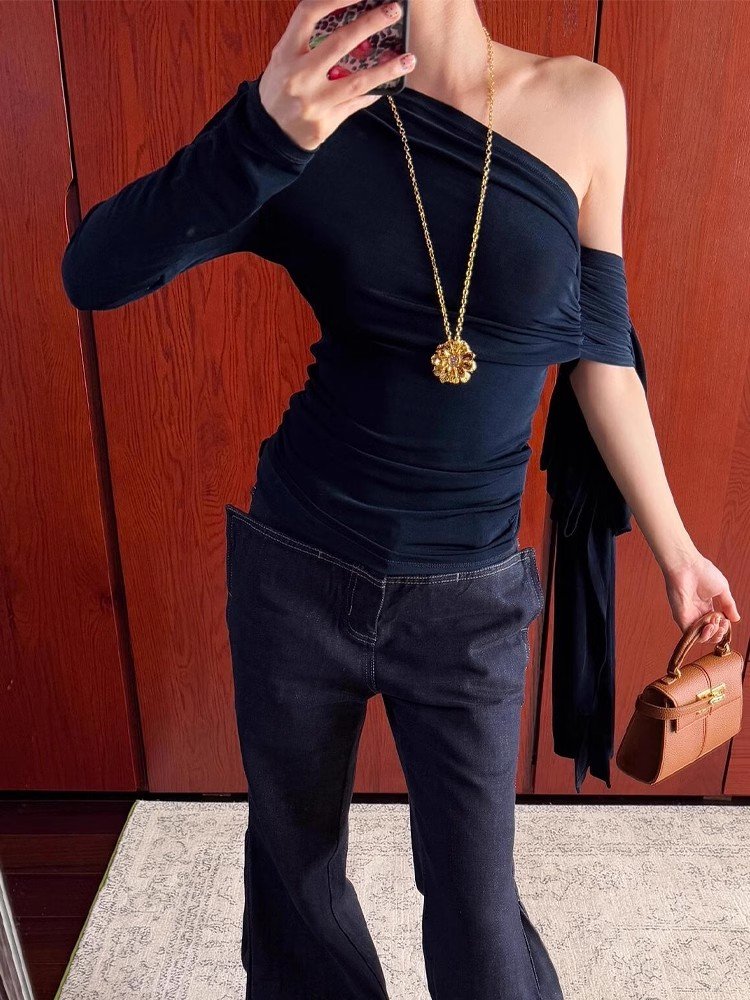 藏蓝色一字领飘带长袖t恤女春秋小个子打底