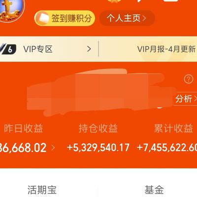 财来道：昨天基金－8W，累计收益745W