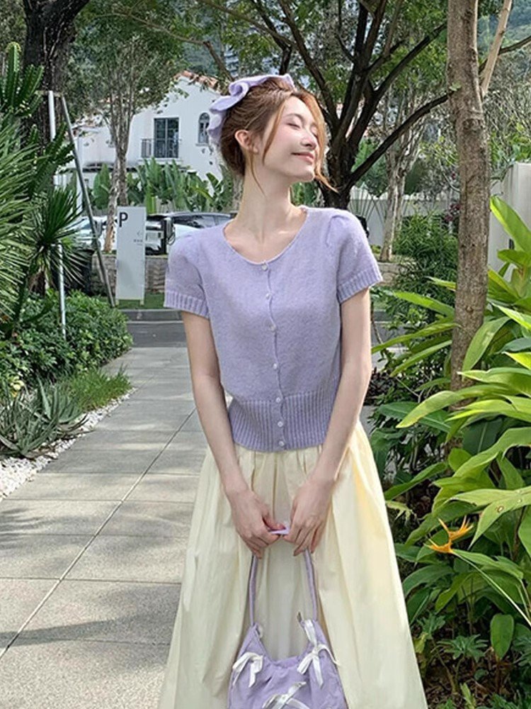 香芋紫正肩短袖冰丝t恤女夏季小个子短款针