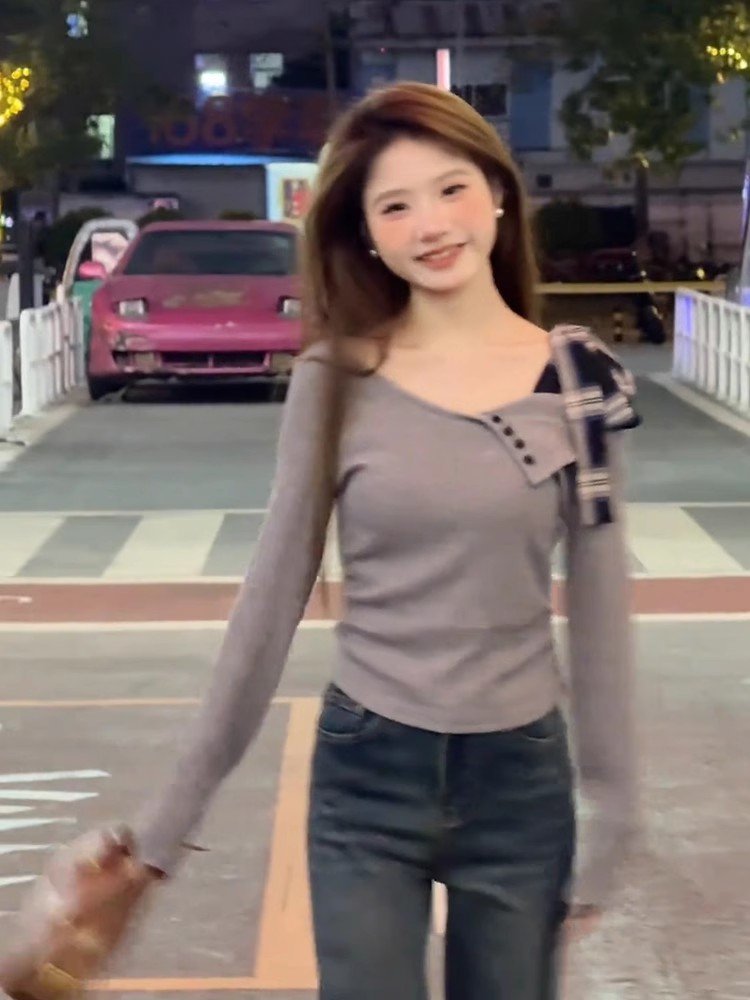 韩系灰色v领长袖t恤打底衫女春秋内搭短款