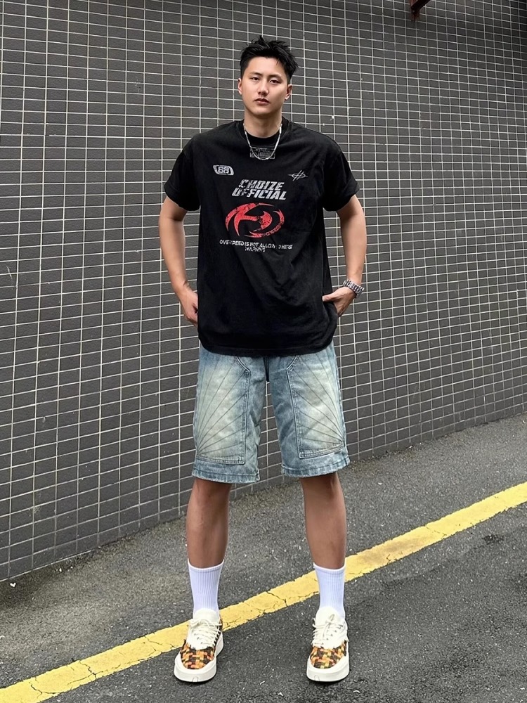 美式划痕水洗牛仔短裤男夏季双膝伐木工装裤