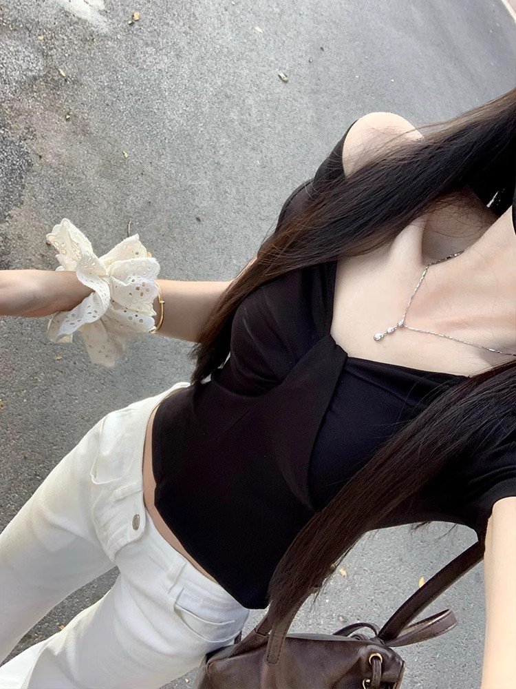 法式黑色一字肩扭结短袖t恤女夏季小个子别